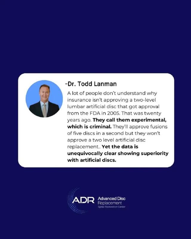 The data is clear: artificial disc replacement preserves motion, accelerates recovery, and delivers superior outcomes compared to fusion. Yet, after 20 years of FDA approval, insurance companies continue to deny patients access to this life-changing technology.  Dr. Todd Lanman, a pioneer in motion preservation spine surgery, challenges the status quo and fights for patients to receive the care they deserve. Ask your spine specialist about artificial disc replacement and join the movement to make these superior solutions accessible to all patients.
.
.
.
.
.
#Motus #BeckersSpineReview #ADRSpine #DrToddLanman #LanmanSpinalNeurosurgery  #ArtificialDiscReplacement #SpineHealth #DiscReplacement #NeckPain #BackPainRelief #Neurosurgeon #SpineCare